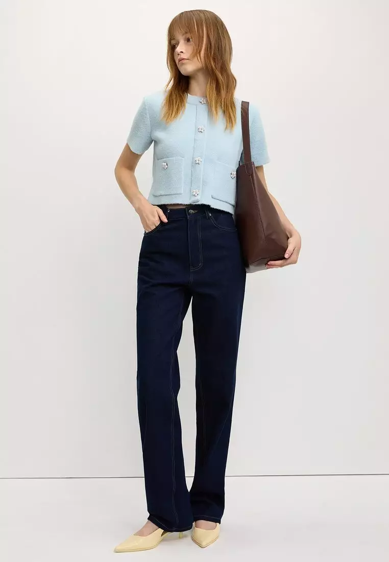 Pomelo  5.0 2 Flower-Button Cropped Cardigan - Baby Blue