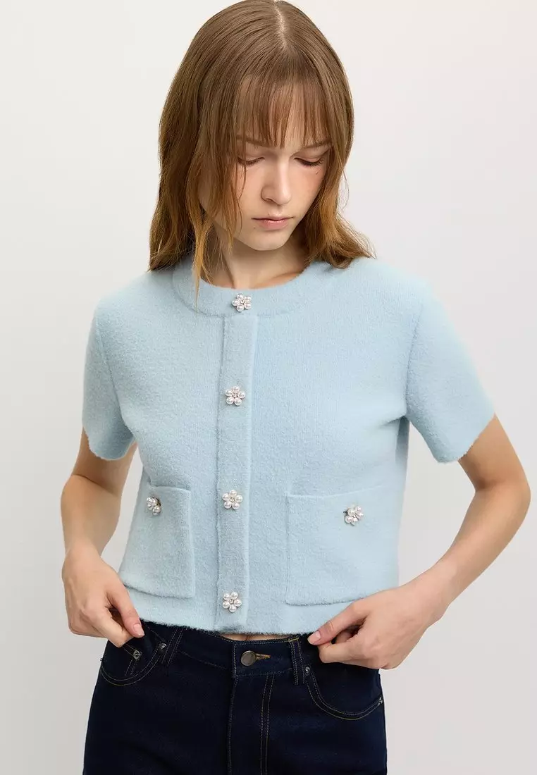 Pomelo  5.0 2 Flower-Button Cropped Cardigan - Baby Blue